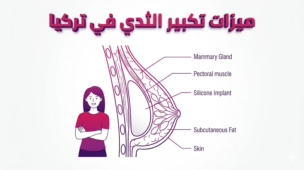  إنفوجرافيك طبي تشريحي يوضح ميزات تكبير الثدي في تركيا من خلال رسم تخطيطي لموقع الحشوة وتناسق الأنسجة.