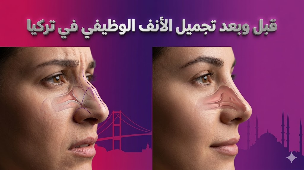  صورة "قبل وبعد" توضح نتائج تجميل الأنف الوظيفي في تركيا لتحسين المظهر ودقة التنفس.