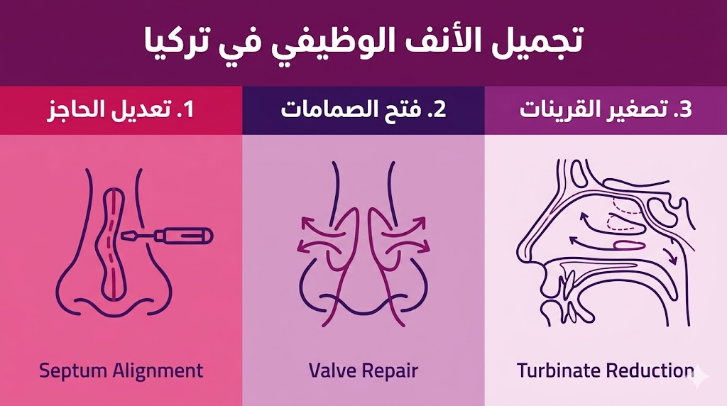  إنفوجرافيك طبي يشرح الخطوات الثلاث الأساسية لعملية تجميل الأنف الوظيفي في تركيا.