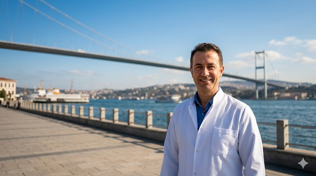 طبيب تجميل متخصص يقف أمام جسر البوسفور، يمثل خدمات تجميل الأنف الوظيفي في تركيا.
