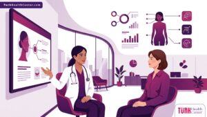 رسم توضيحي عالي الجودة لطبيب يشرح خيارات أرخص عمليات تجميل في تركيا لمريض داخل عيادة حديثة 