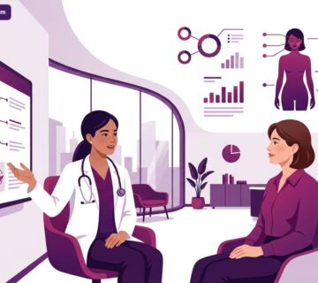 رسم توضيحي عالي الجودة لطبيب يشرح خيارات أرخص عمليات تجميل في تركيا لمريض داخل عيادة حديثة 