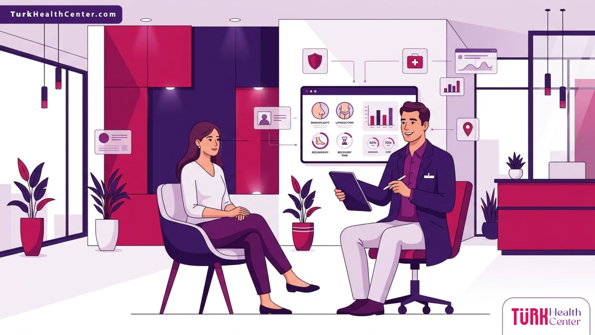 رسم توضيحي حديث لطبيب يشرح للمريض التفاصيل في عيادة تمثل أرخص مدن تركيا لإجراء جراحة التجميل 