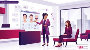رسم توضيحي يظهر طبيباً يشرح خطة العلاج وتفاصيل أسعار عمليات التجميل في تركيا بالدولار لمريض داخل عيادة فاخرة 