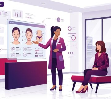 رسم توضيحي يظهر طبيباً يشرح خطة العلاج وتفاصيل أسعار عمليات التجميل في تركيا بالدولار لمريض داخل عيادة فاخرة 