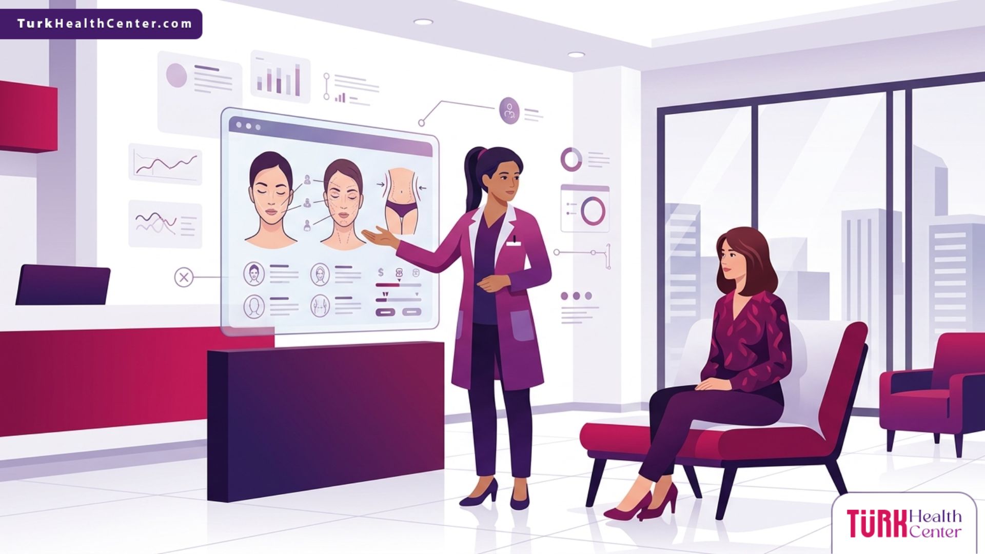 رسم توضيحي يظهر طبيباً يشرح خطة العلاج وتفاصيل أسعار عمليات التجميل في تركيا بالدولار لمريض داخل عيادة فاخرة 