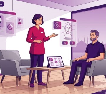 رسم توضيحي يظهر طبيباً يشرح تفاصيل أسعار عمليات التجميل للرجال في إسطنبول للمريض داخل عيادة فخمة 