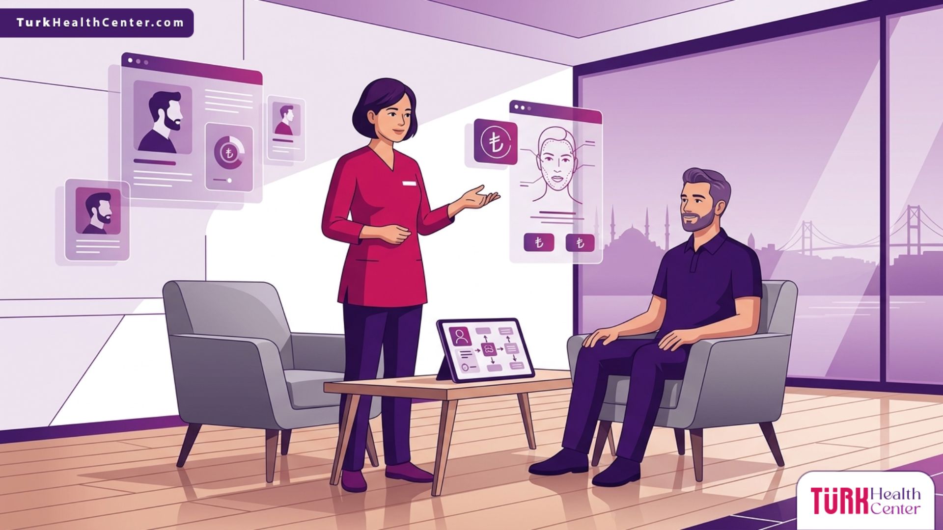 رسم توضيحي يظهر طبيباً يشرح تفاصيل أسعار عمليات التجميل للرجال في إسطنبول للمريض داخل عيادة فخمة 