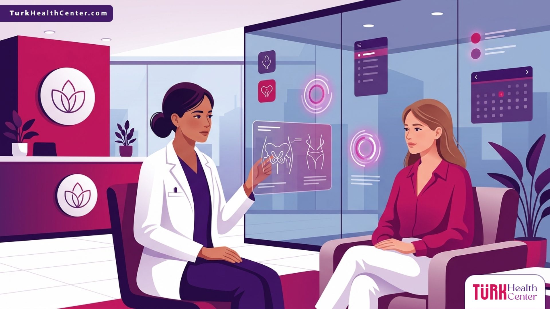 رسم توضيحي يظهر طبيبة تشرح تفاصيل وأهمية أسعار عمليات تجميل المناطق الحساسة لمريضة في عيادة طبية حديثة