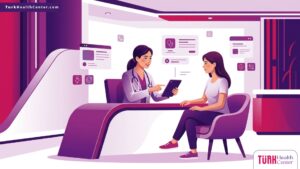 رسم توضيحي لعيادة طبية فاخرة يشرح فيها الطبيب أسعار مستشفيات التجميل فئة 5 نجوم للمريض