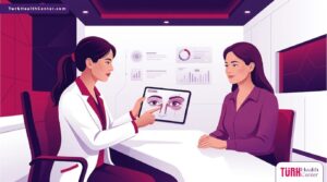 رسم توضيحي يظهر أفضل دكتور تجميل عيون في تركيا وهو يشرح تفاصيل العملية للمريض داخل عيادة فاخرة 