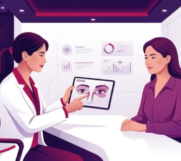 رسم توضيحي يظهر أفضل دكتور تجميل عيون في تركيا وهو يشرح تفاصيل العملية للمريض داخل عيادة فاخرة 