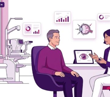 رسم توضيحي عصري يظهر طبيب عيون يشرح علاج المياه الزرقاء لمريض في عيادة تخصصية تحت إشراف أفضل دكتور جلوكوما في تركيا 