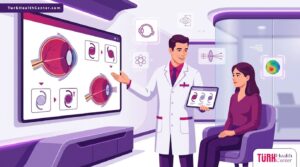 رسم توضيحي يظهر طبيب عيون يشرح عملية زراعة العدسات لمريض في عيادة حديثة بتركيا مع استخدام ألوان الهوية البصرية 