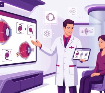رسم توضيحي يظهر طبيب عيون يشرح عملية زراعة العدسات لمريض في عيادة حديثة بتركيا مع استخدام ألوان الهوية البصرية 