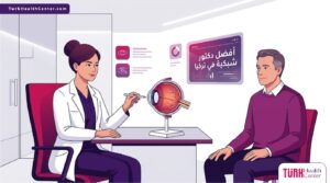 رسوم توضيحية فنية (Vector) لطبيب يشرح إجراءات علاج الشبكية لمريض داخل عيادة فاخرة في سياق البحث عن أفضل دكتور شبكية في تركيا 
