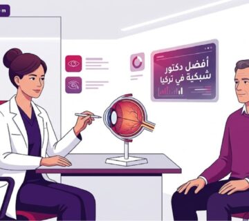 رسوم توضيحية فنية (Vector) لطبيب يشرح إجراءات علاج الشبكية لمريض داخل عيادة فاخرة في سياق البحث عن أفضل دكتور شبكية في تركيا 