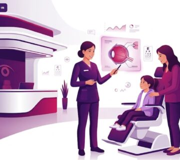 رسم توضيحي يظهر طبيب يشرح إجراءات العلاج لطفل في عيادة مخصصة تمثل أفضل دكتور عيون أطفال في تركيا 