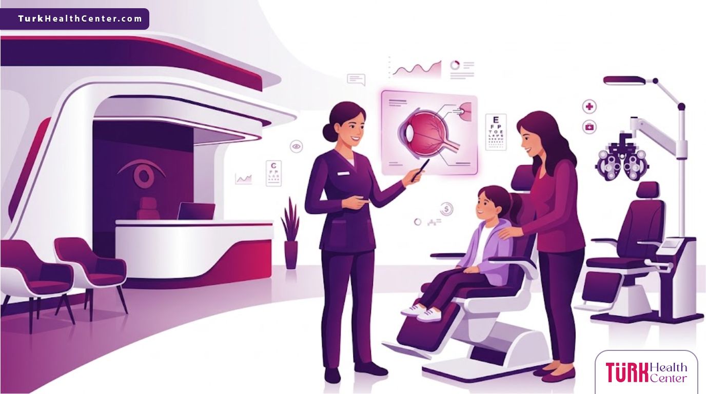 رسم توضيحي يظهر طبيب يشرح إجراءات العلاج لطفل في عيادة مخصصة تمثل أفضل دكتور عيون أطفال في تركيا 