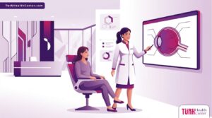 رسم توضيحي يظهر طبيب عيون يشرح إجراءات العلاج لمريض داخل عيادة متطورة مع التركيز على خدمات أفضل دكتور عيون في إسطنبول 