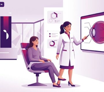 رسم توضيحي يظهر طبيب عيون يشرح إجراءات العلاج لمريض داخل عيادة متطورة مع التركيز على خدمات أفضل دكتور عيون في إسطنبول 