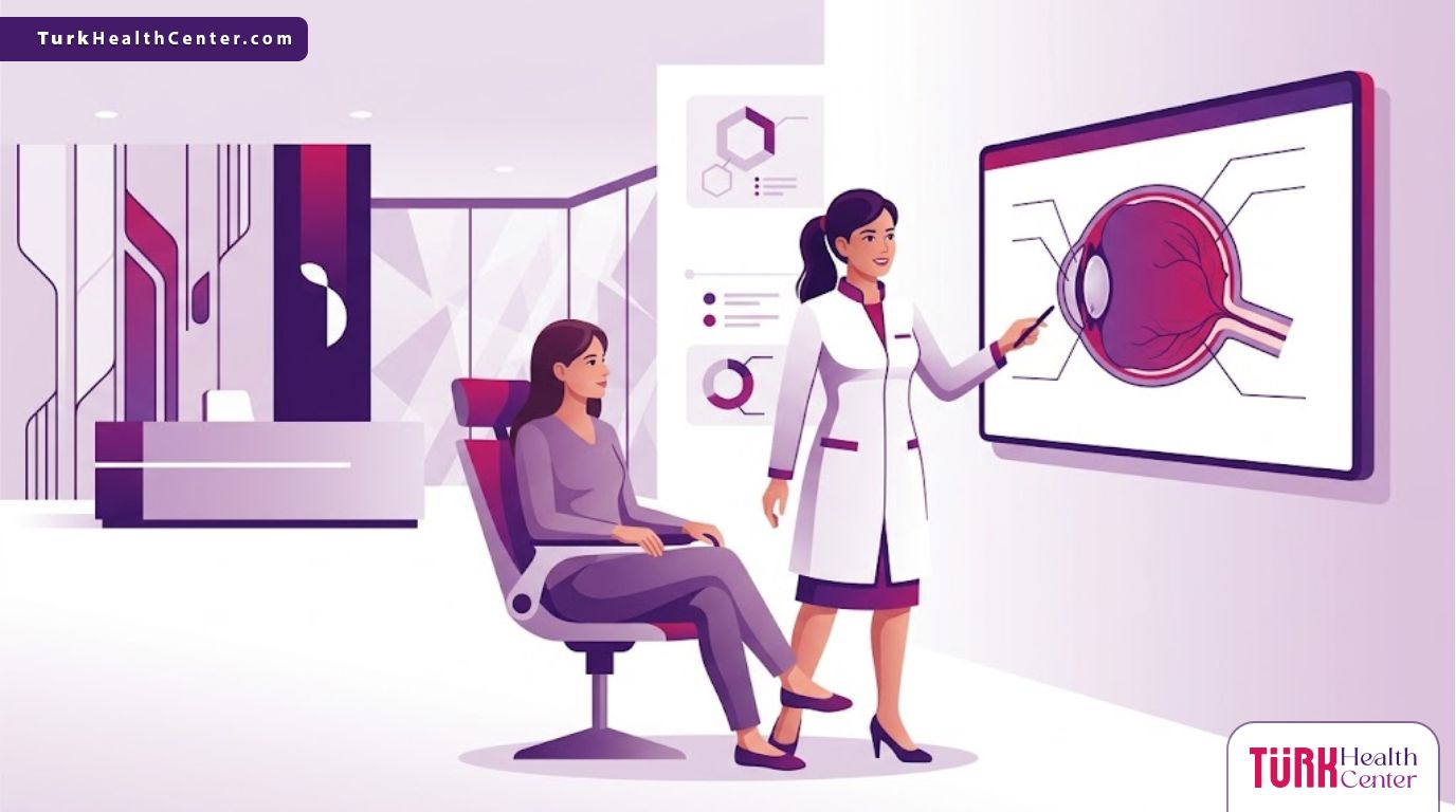 رسم توضيحي يظهر طبيب عيون يشرح إجراءات العلاج لمريض داخل عيادة متطورة مع التركيز على خدمات أفضل دكتور عيون في إسطنبول 