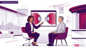 رسم توضيحي لطبيب يشرح تقنيات علاج القرنية في عيادة متطورة مع أفضل دكتور قرنية مخروطية في تركيا 