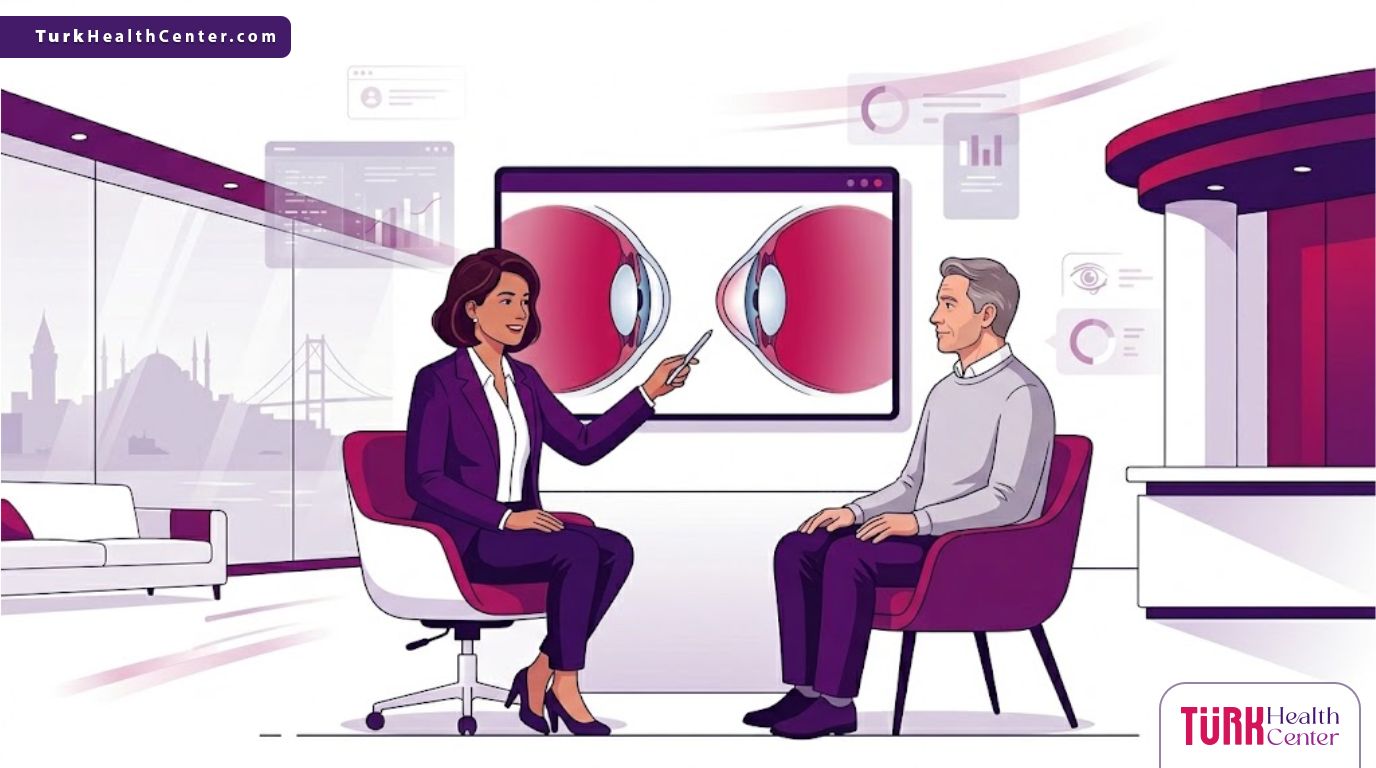 رسم توضيحي لطبيب يشرح تقنيات علاج القرنية في عيادة متطورة مع أفضل دكتور قرنية مخروطية في تركيا 