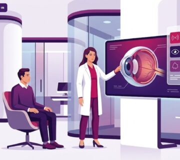رسم توضيحي يظهر طبيباً يشرح عملية تغيير لون العين لمريض في عيادة حديثة مع التركيز على أفضل دكتور لتغيير لون العين في تركيا 