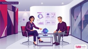 رسم توضيحي يظهر طبيب عيون يشرح خطوات العملية للمريض للبحث عن أفضل دكتور لزراعة القرنية في تركيا 