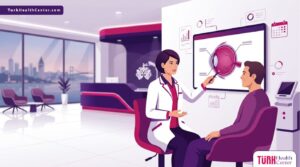 رسم توضيحي يظهر طبيبًا يشرح تقنيات العلاج في أفضل مركز عيون في تركيا لمريض داخل عيادة فاخرة 