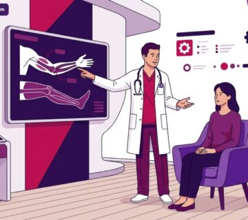 رسم توضيحي لطبيب يشرح خطوات إصلاح العيوب الخلقية في الأطراف للمريض في عيادة طبية حديثة 