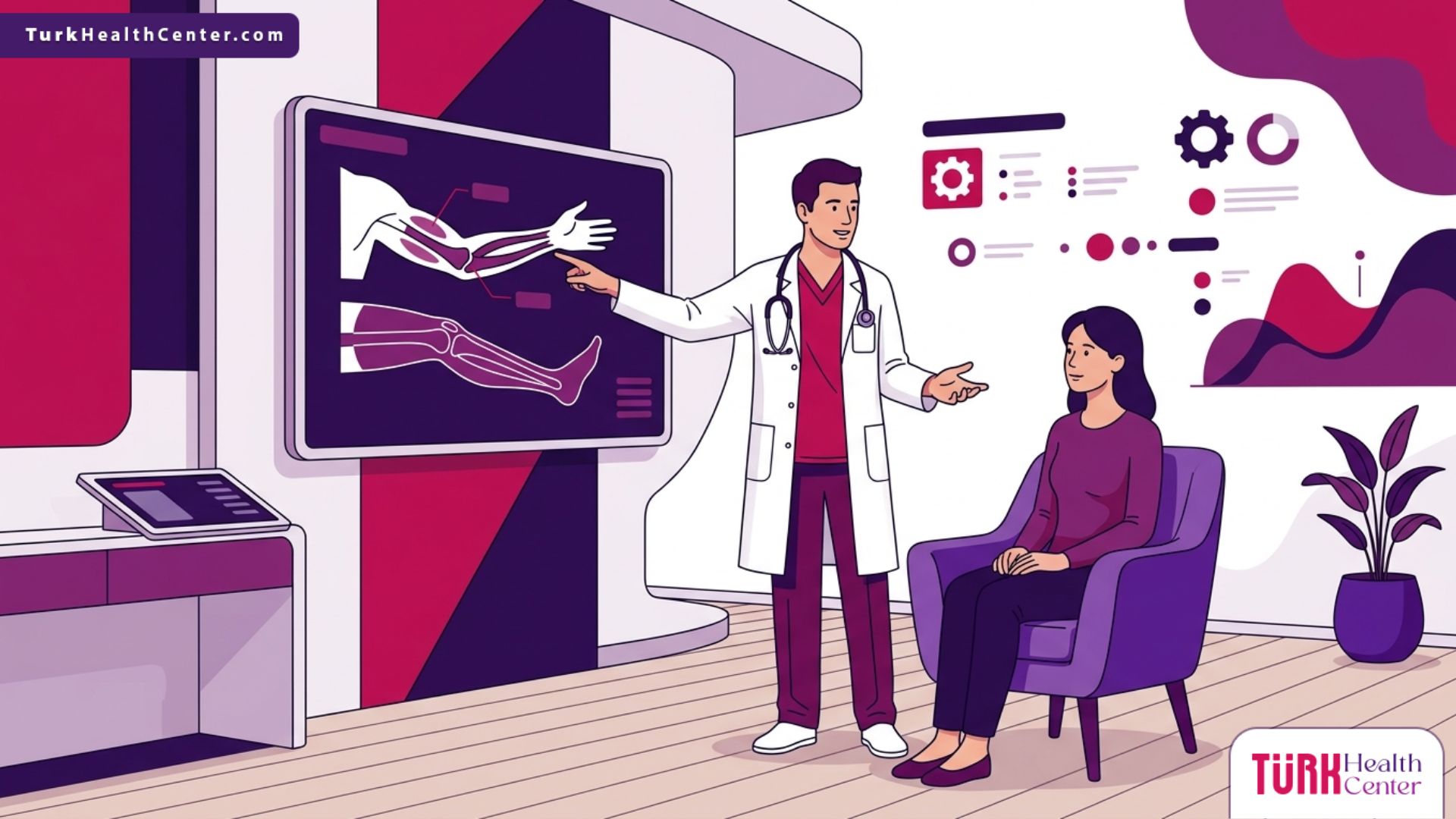 رسم توضيحي لطبيب يشرح خطوات إصلاح العيوب الخلقية في الأطراف للمريض في عيادة طبية حديثة 