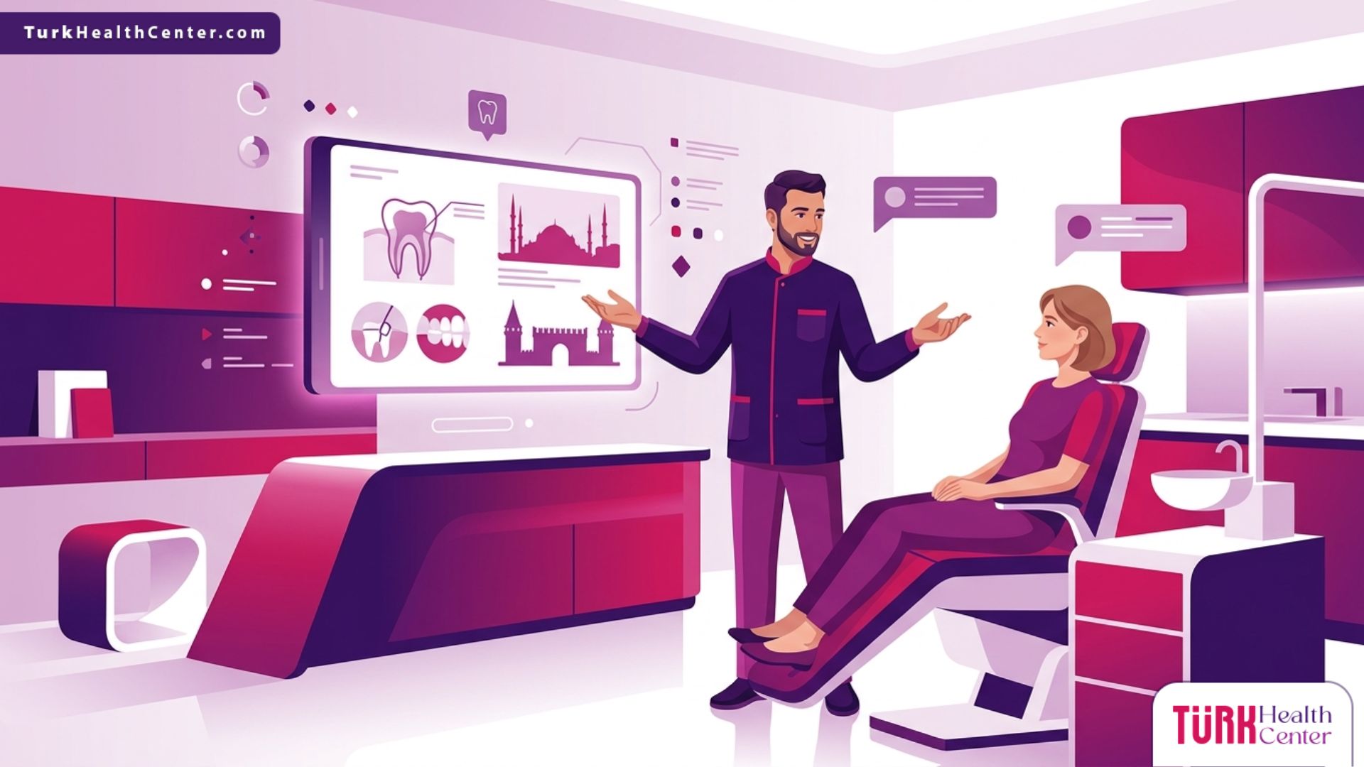 رسم توضيحي يظهر طبيب يشرح تفاصيل العلاج لمريض يبحث عن ارخص عيادة اسنان في تركيا داخل بيئة طبية حديثة 