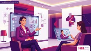 رسم توضيحي يظهر طبيباً يقدم استشارات جراحة التجميل أونلاين لمريض عبر شاشة رقمية حديثة 