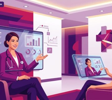 رسم توضيحي يظهر طبيباً يقدم استشارات جراحة التجميل أونلاين لمريض عبر شاشة رقمية حديثة 