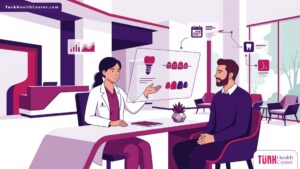 رسم توضيحي يظهر افضل دكتور اسنان في تركيا يشرح للمريض خطة العلاج في عيادة فاخرة ومجهزة بأحدث التقنيات 