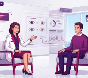 رسوم توضيحية عصرية لطبيب يشرح خطوات تجميل العيون في افضل عيادة لتغيير لون العين في اسطنبول 