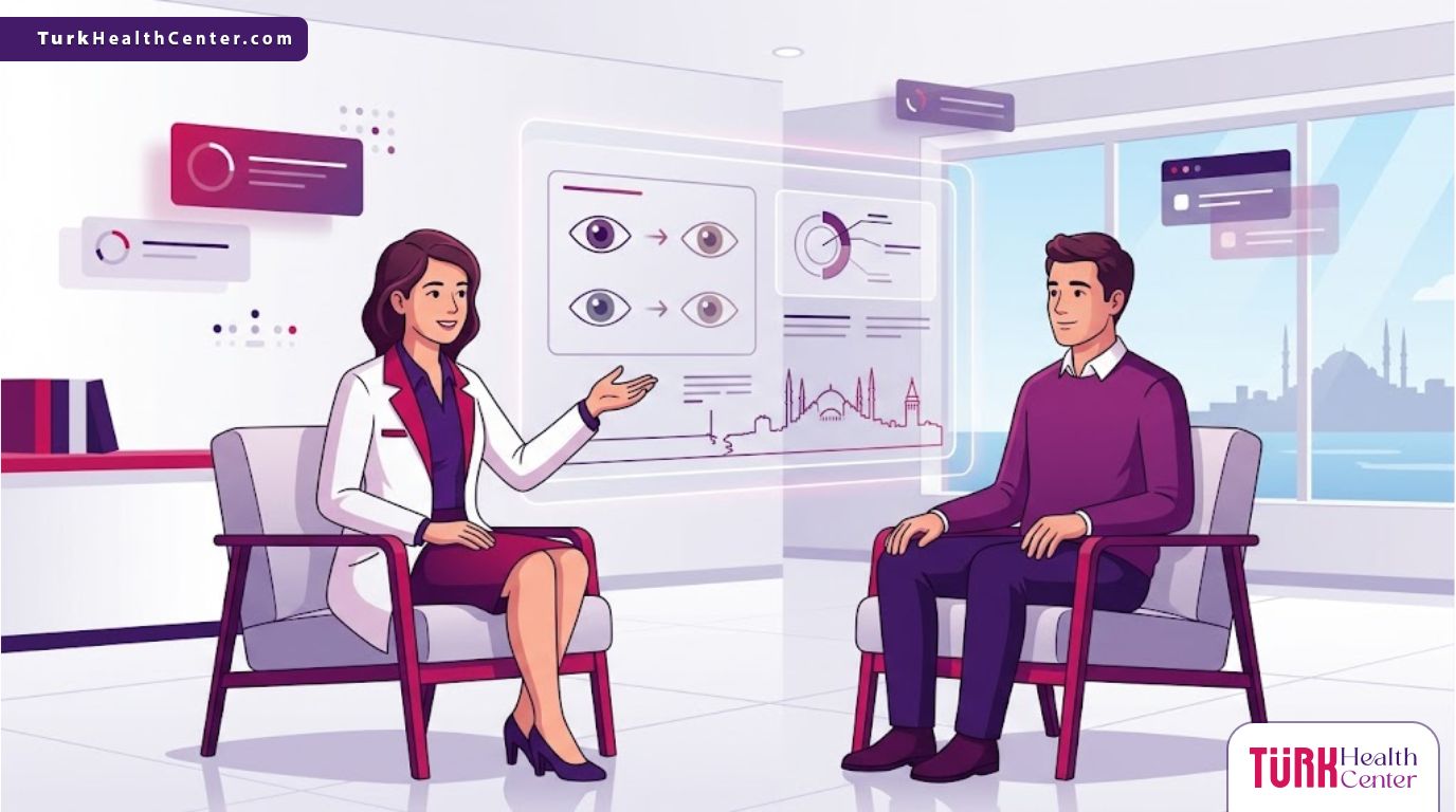 رسوم توضيحية عصرية لطبيب يشرح خطوات تجميل العيون في افضل عيادة لتغيير لون العين في اسطنبول 