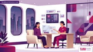 رسم توضيحي يظهر طبيباً يشرح التأثير النفسي لنتائج جراحة التجميل لمريض في عيادة طبية حديثة 