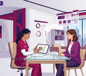 رسم توضيحي يظهر طبيباً يشرح التغذية المناسبة بعد الجراحة التجميلية للمريض في عيادة طبية فاخرة 