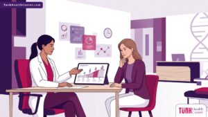 رسم توضيحي يظهر طبيباً يشرح العمر المناسب لجراحات التجميل الترميمية لمريض في عيادة طبية حديثة 