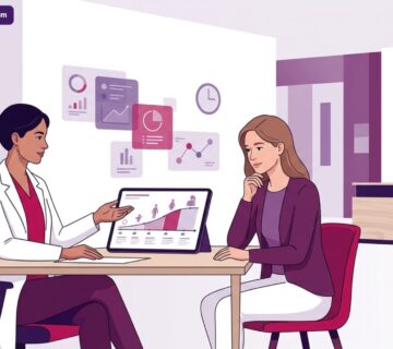 رسم توضيحي يظهر طبيباً يشرح العمر المناسب لجراحات التجميل الترميمية لمريض في عيادة طبية حديثة 