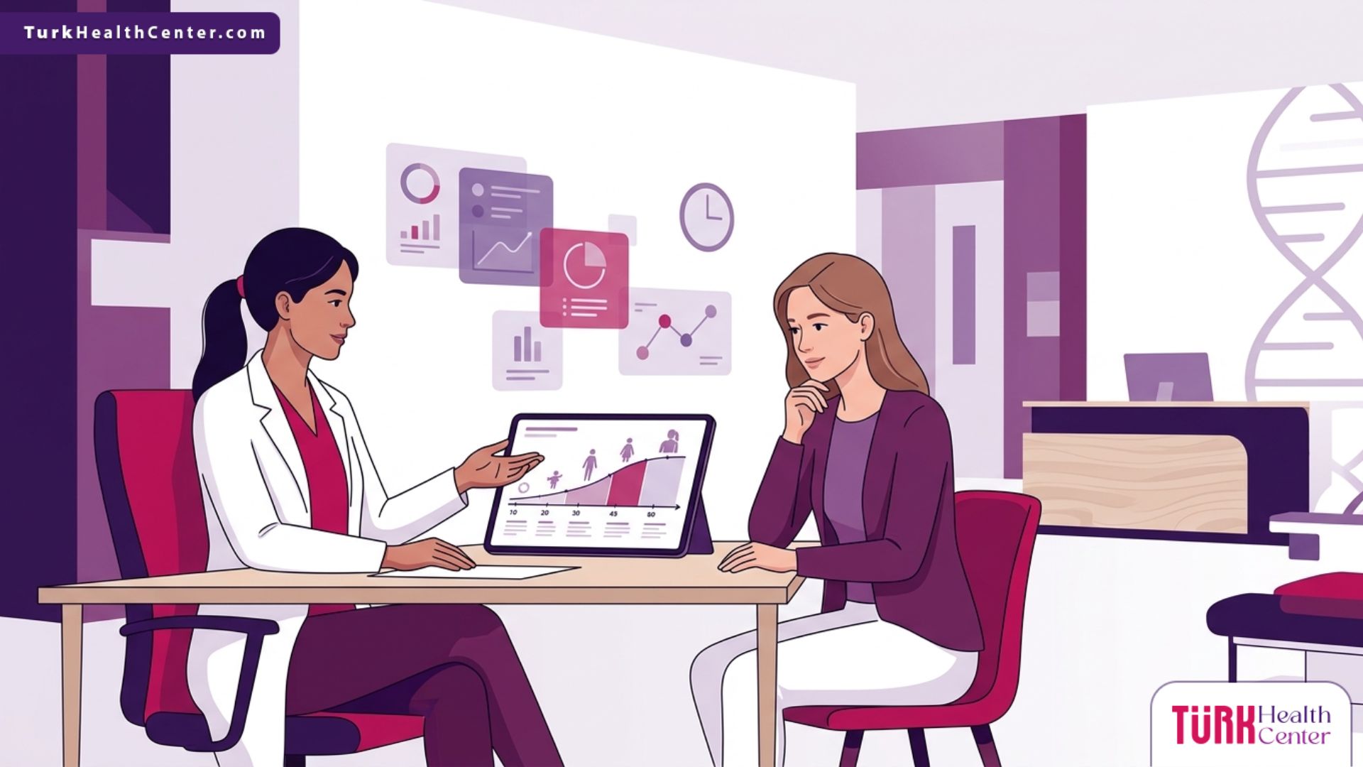 رسم توضيحي يظهر طبيباً يشرح العمر المناسب لجراحات التجميل الترميمية لمريض في عيادة طبية حديثة