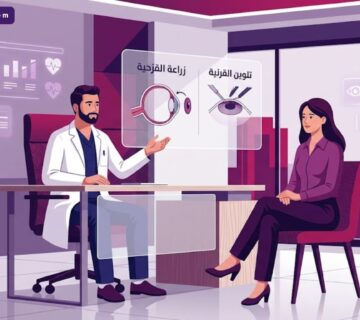 رسم توضيحي لطبيب يشرح الفرق بين زراعة القزحية وتلوين القرنية لمريض في عيادة فاخرة 