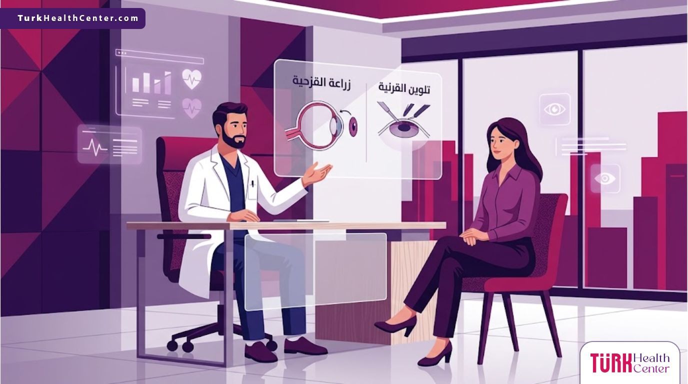 رسم توضيحي لطبيب يشرح الفرق بين زراعة القزحية وتلوين القرنية لمريض في عيادة فاخرة 