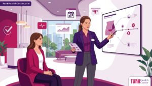 رسم توضيحي يظهر طبيب تجميل يشرح تأثير الحمل على نتائج العمليات السابقة لمريضة في عيادة طبية حديثة 