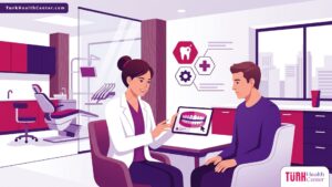 رسم توضيحي يظهر طبيب أسنان يشرح إجراءات تبييض الاسنان في تركيا لمريض داخل عيادة فاخرة 
