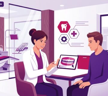 رسم توضيحي يظهر طبيب أسنان يشرح إجراءات تبييض الاسنان في تركيا لمريض داخل عيادة فاخرة 