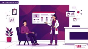 رسم توضيحي يظهر طبيب يشرح تفاصيل تجربتي مع تغيير لون العين في تركيا لمريض داخل عيادة فاخرة 